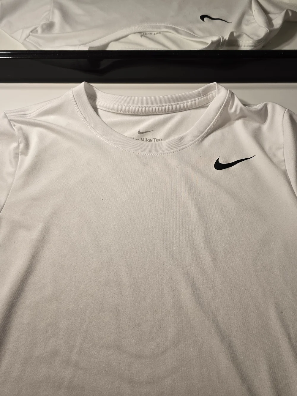 Nike Womens White Dri-FIT Crew Neck Shirt with Black Swoosh